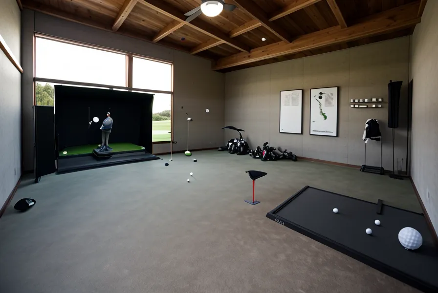 A ceiling-mounted infrared heater glowing orange in a garage golf simulator.