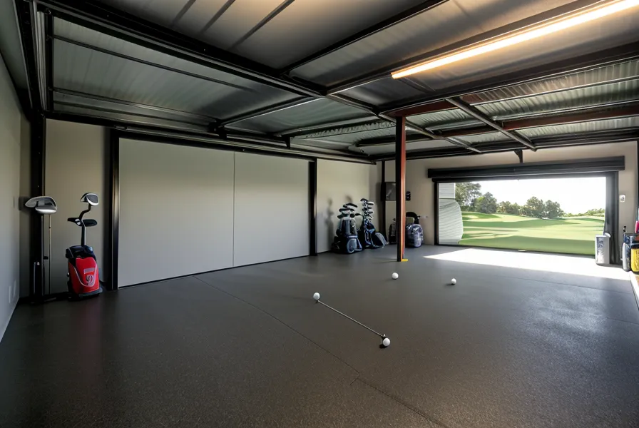 SkyTrak launch monitor positioned on a golf mat in a warm garage.