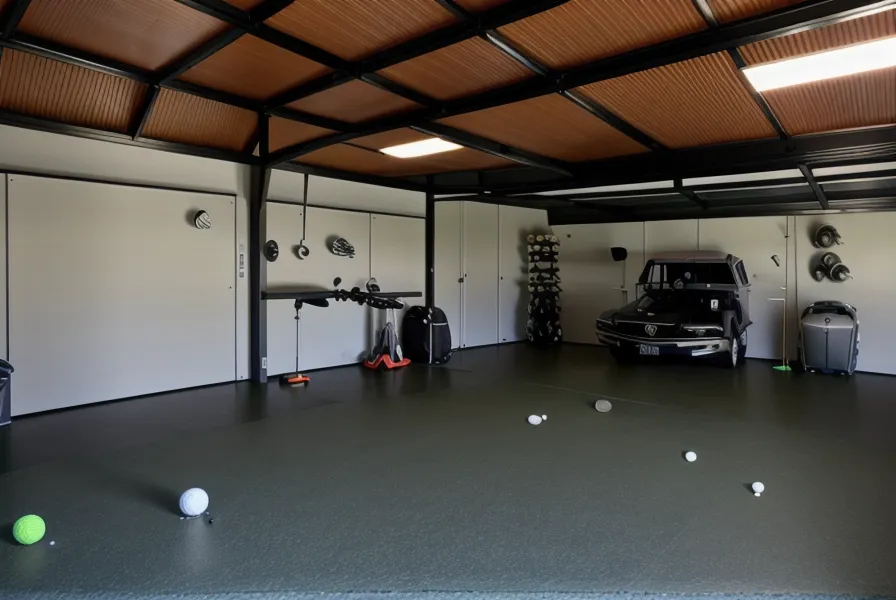 Close-up of a metal golf bag storage rack in a garage setting.