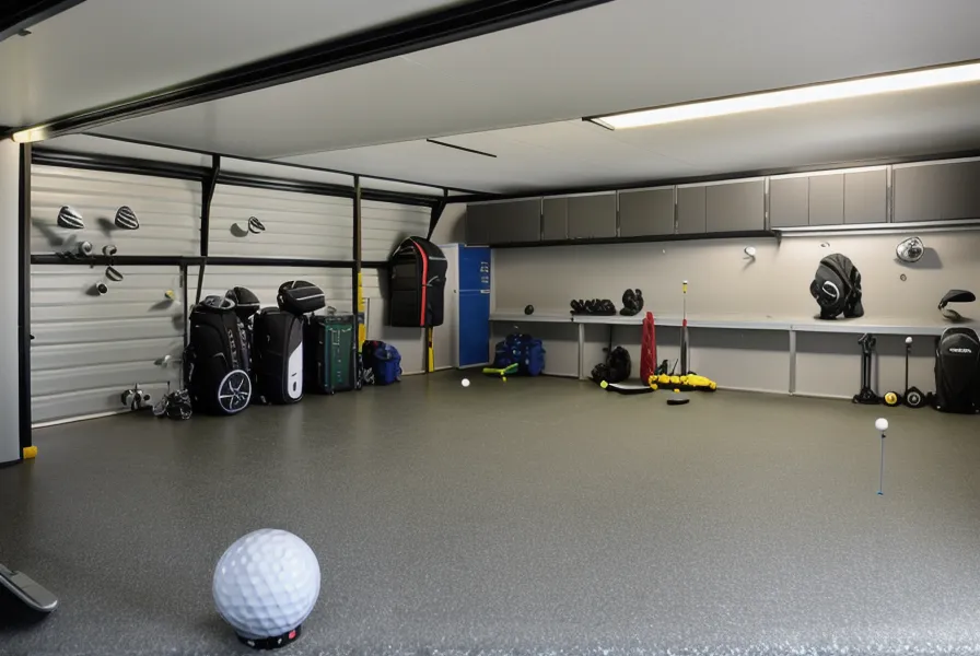 Folded electric golf cart stored next to an organized club rack in a garage.