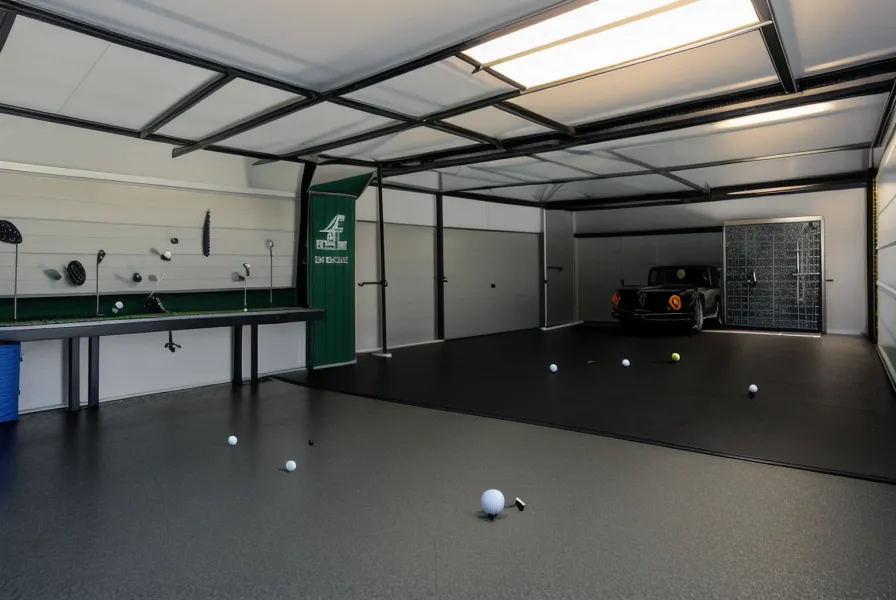 Perspective shot of a clean garage simulator floor and organized gear storage.