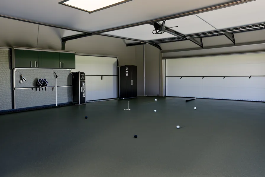 SkyTrak launch monitor aligned with a professional hitting mat in a garage.