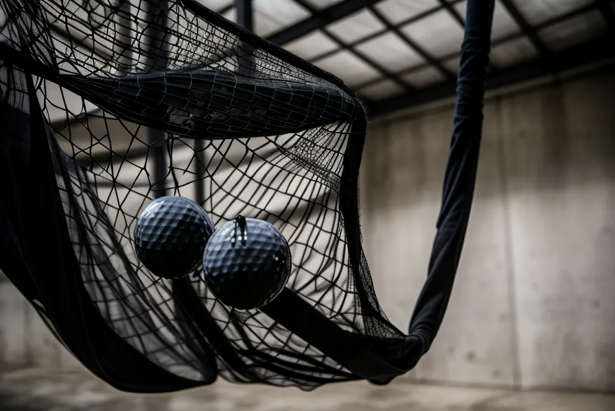 Close-up of professional grade golf simulator side netting attached to a garage frame.