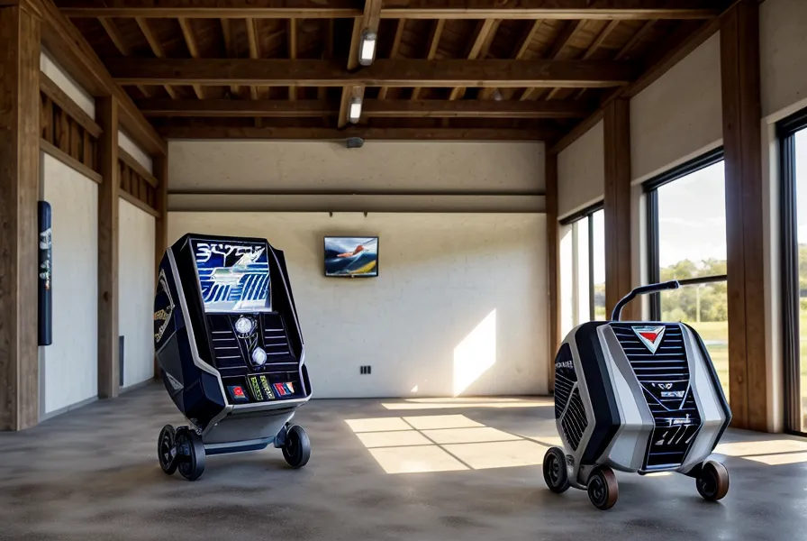 A SkyTrak launch monitor positioned on a wooden box in a garage golf simulator.