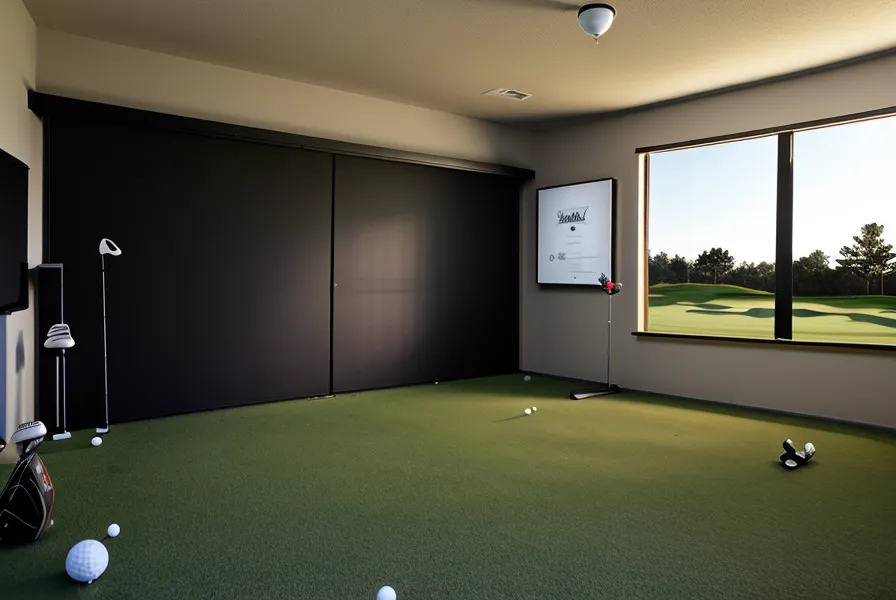 Virtual golf course rendered on a simulator impact screen in a garage.
