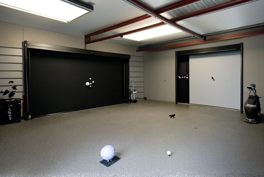 Premium golf hitting mat on a concrete garage floor with a 7-iron.