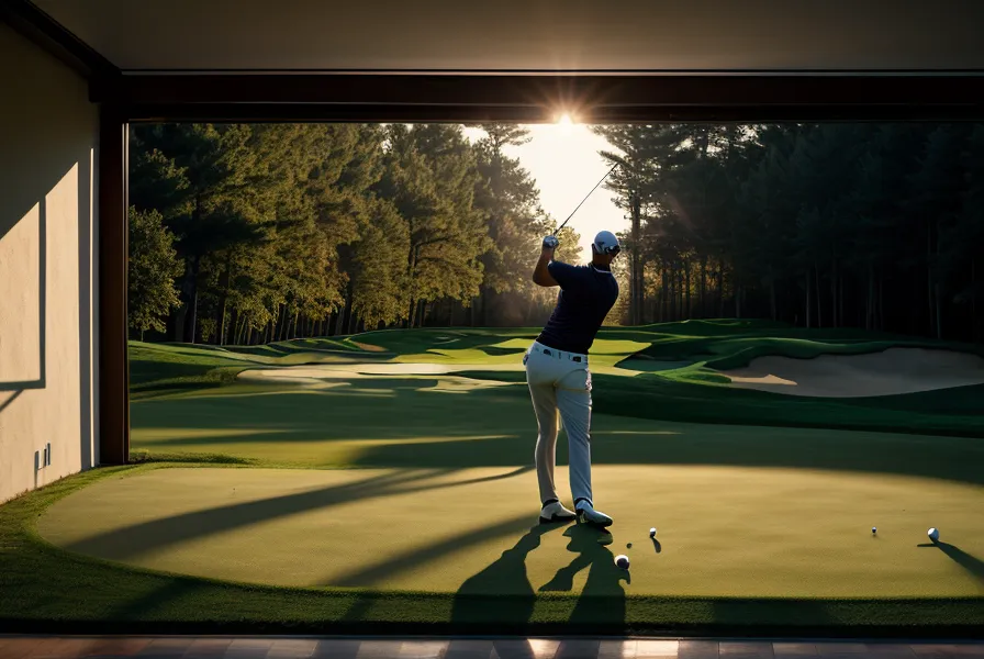 First-person view of a garage golf simulator screen showing a virtual course.