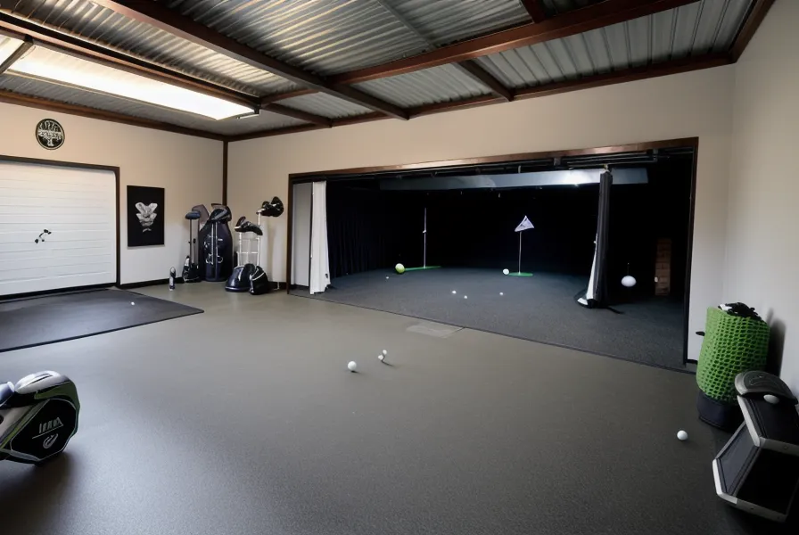 Close-up of GSPro software settings on a monitor in a garage golf studio.
