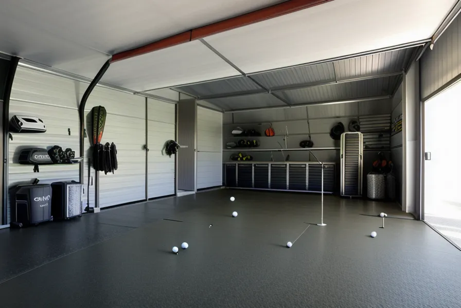 Garage golf simulator indoor putting setup with dense synthetic turf underfoot