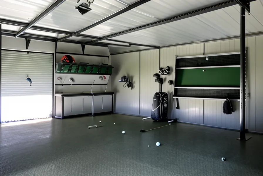 Indoor golf garage simulator hitting bay styled with golf collectibles and swag golf headcovers on display