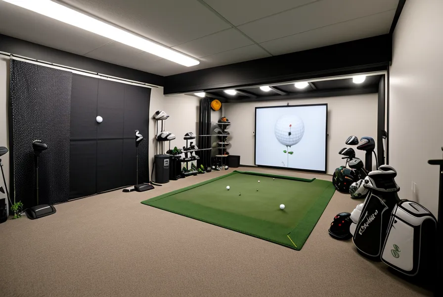 Close-up of a swag golf headcover collectible on a putter inside an indoor golf garage simulator bay