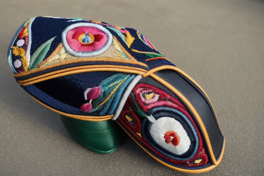Intricate embroidery on a premium custom golf headcover inside a garage.