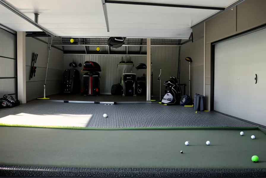 Virtual golf course projected onto an impact screen in a dark garage