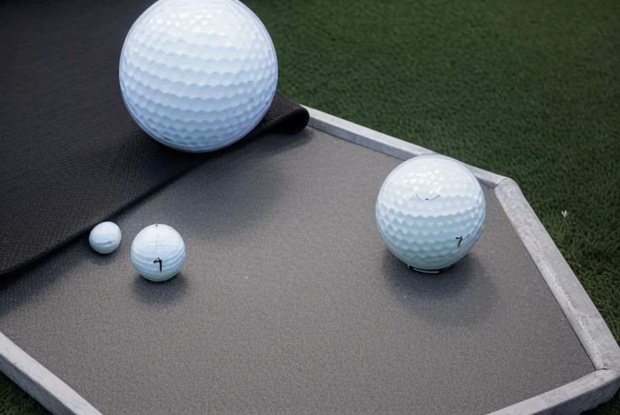 Close-up of a golf ball on a hitting mat with the SkyTrak red laser alignment dot.