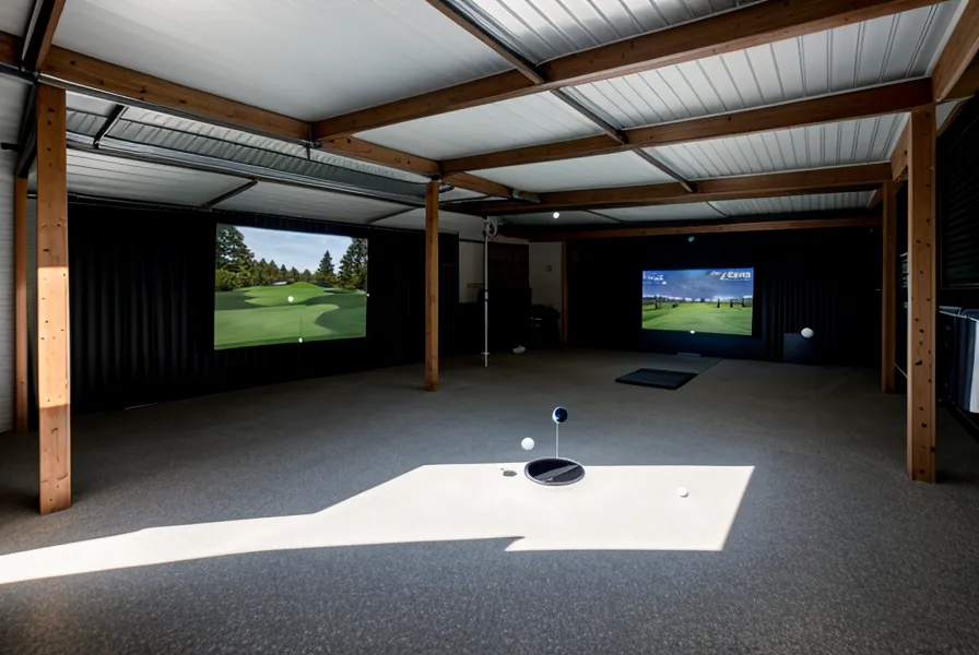 A projector mounted to the ceiling joists of a garage golf simulator setup.