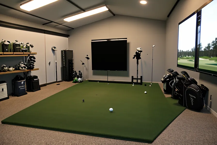 The impact screen of a garage simulator displaying a virtual golf course at sunset.