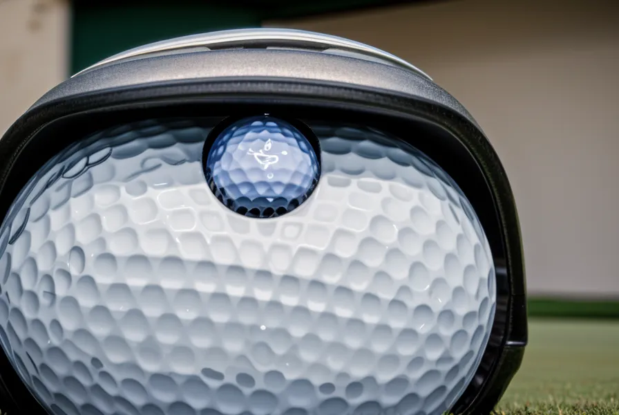 Close-up of a golf launch monitor positioned next to a ball on a hitting mat.