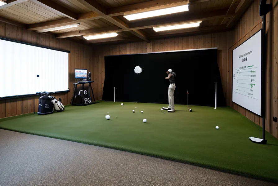 The view from the hitting mat toward the impact screen displaying a virtual golf course.