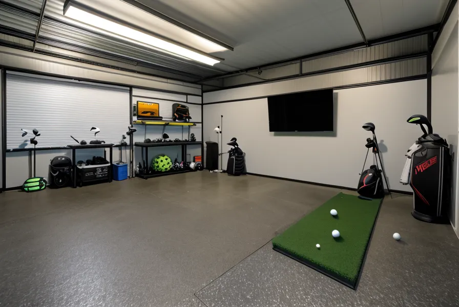 Laser level checking garage floor slope for indoor swing accuracy in a home golf simulator setup