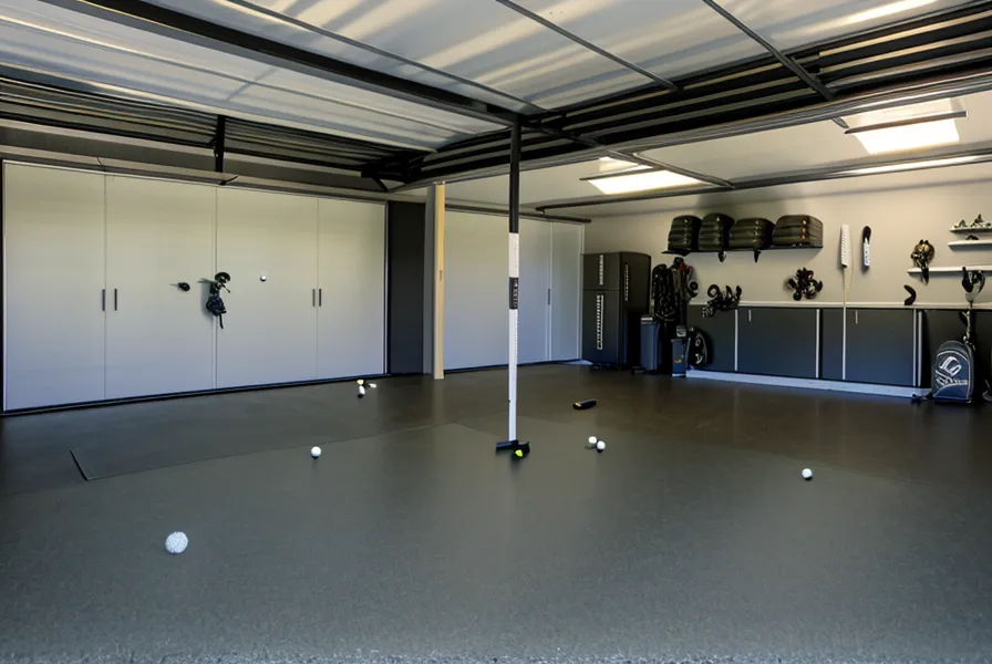 Garage golf simulator screen showing a tight shot-dispersion cluster on Pebble Beach hole 18 after fixing SkyTrak misreads