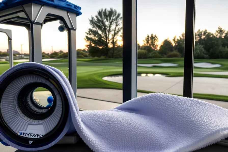 Close-up of a golfer cleaning the lens of a SkyTrak launch monitor in a garage.