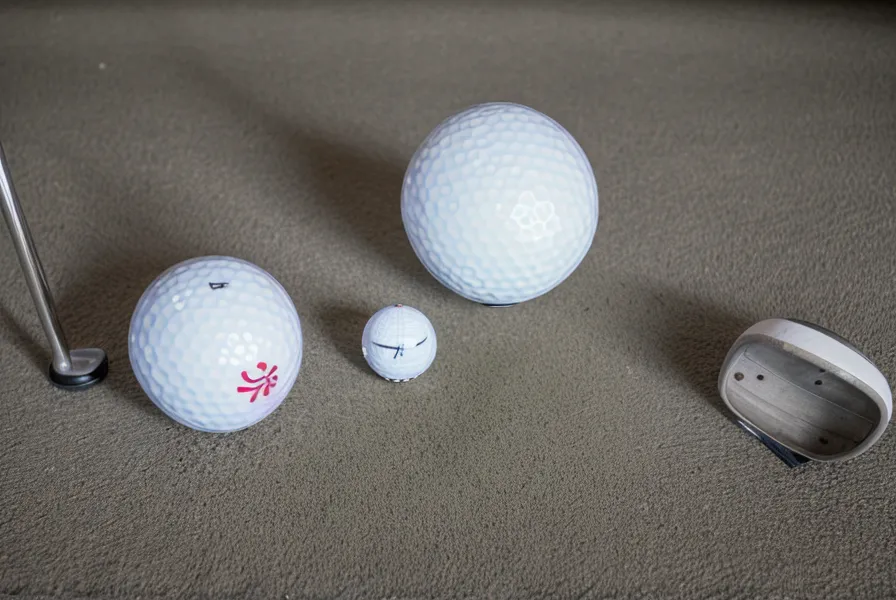 Golf ball on a simulator mat with a red laser alignment dot from a launch monitor.