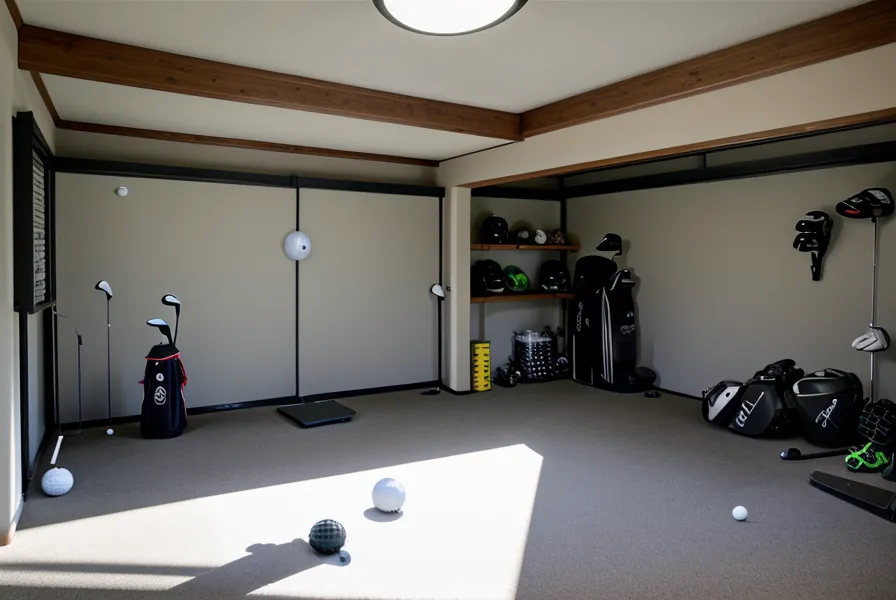 A handmade plywood base used to level a golf launch monitor on a sloped garage floor.