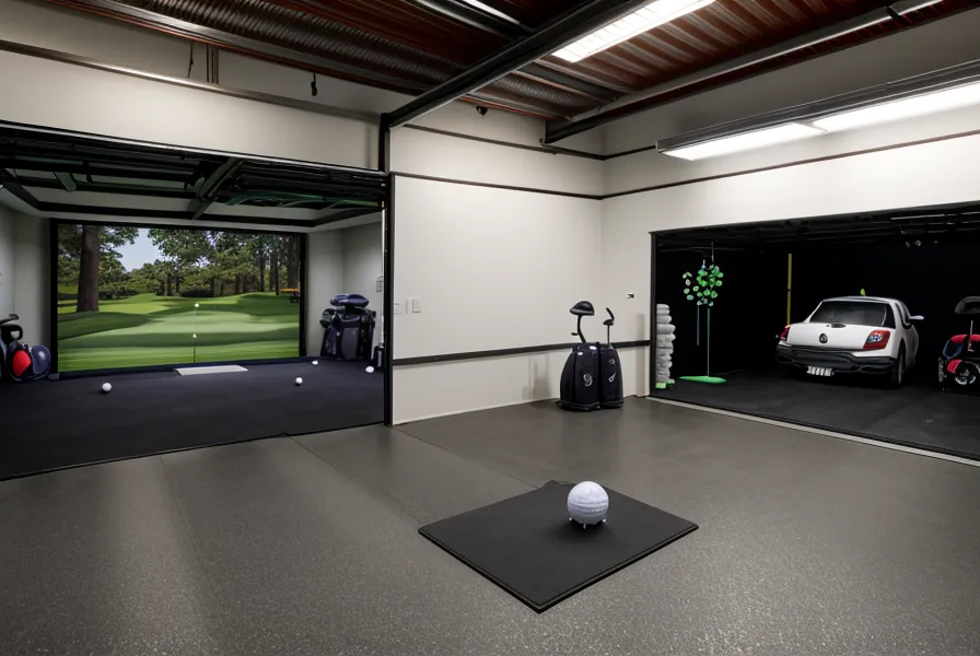 A 4:3 aspect ratio impact screen displaying a virtual golf course in a garage.