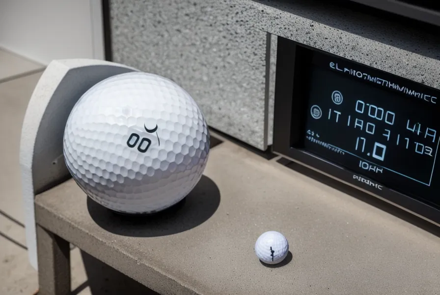 Close-up of a photometric golf launch monitor on a professional hitting mat in a garage.
