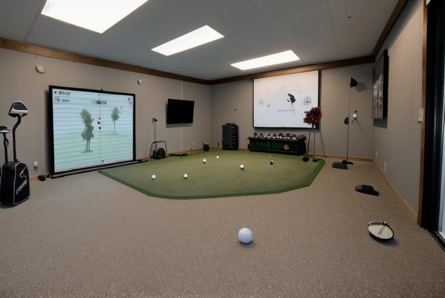 View of a golf simulator screen showing a virtual golf course inside a garage.