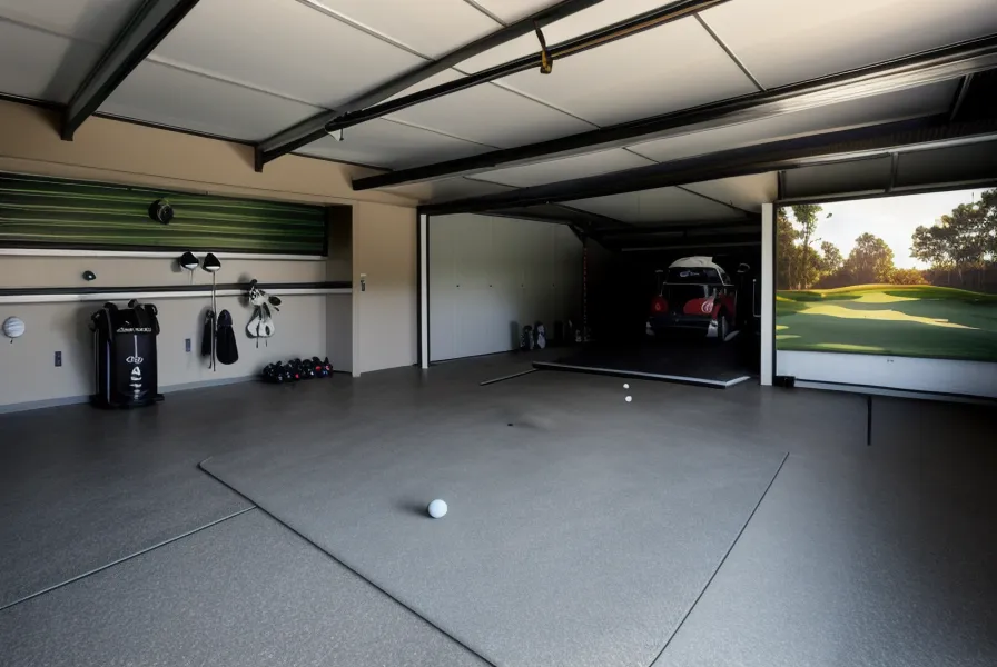Golf driver head held near a garage ceiling joist demonstrating limited vertical space