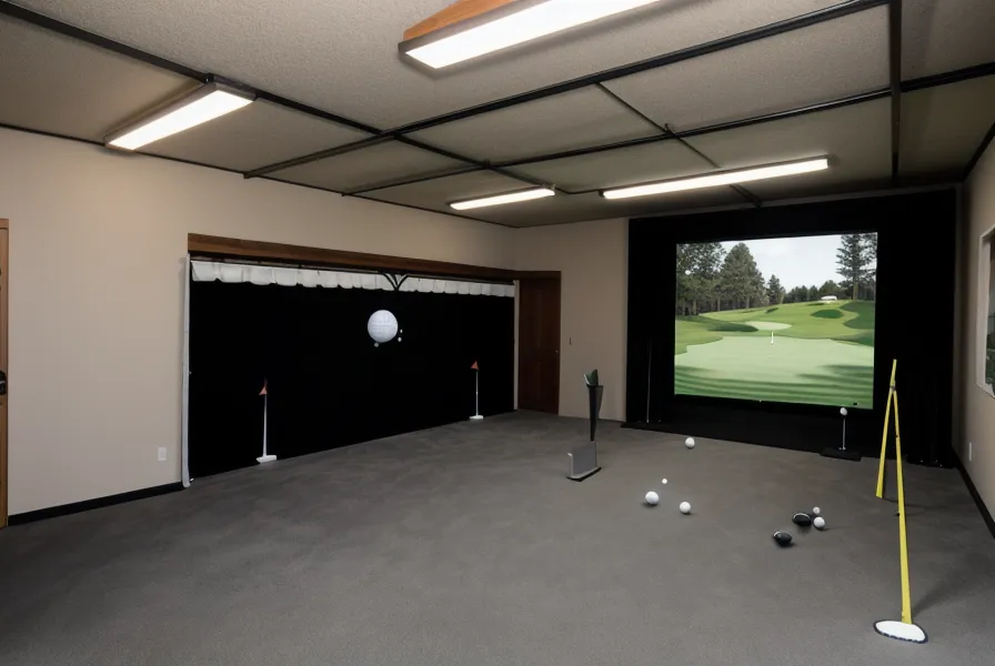Low angle view of a golf hitting mat and the ceiling above in a garage