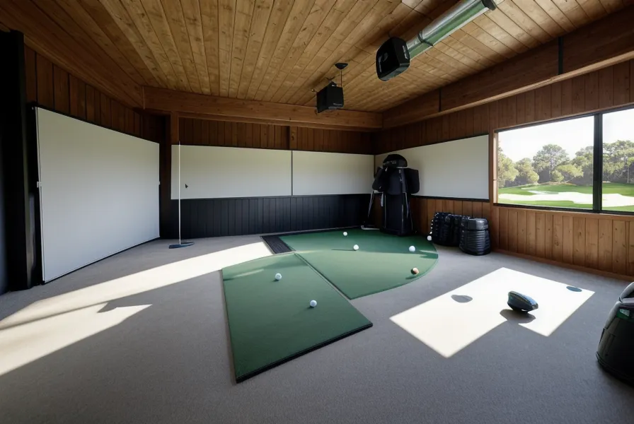 SkyTrak launch monitor positioned on a hitting mat in a garage simulator