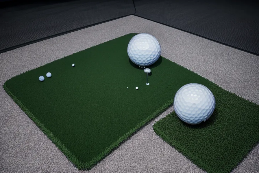 Close-up of a high-quality golf hitting mat on a concrete garage floor next to a launch monitor.