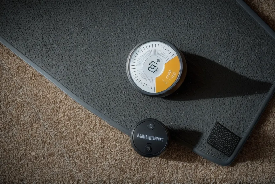 Close-up of a SkyTrak launch monitor positioned on a professional hitting mat.
