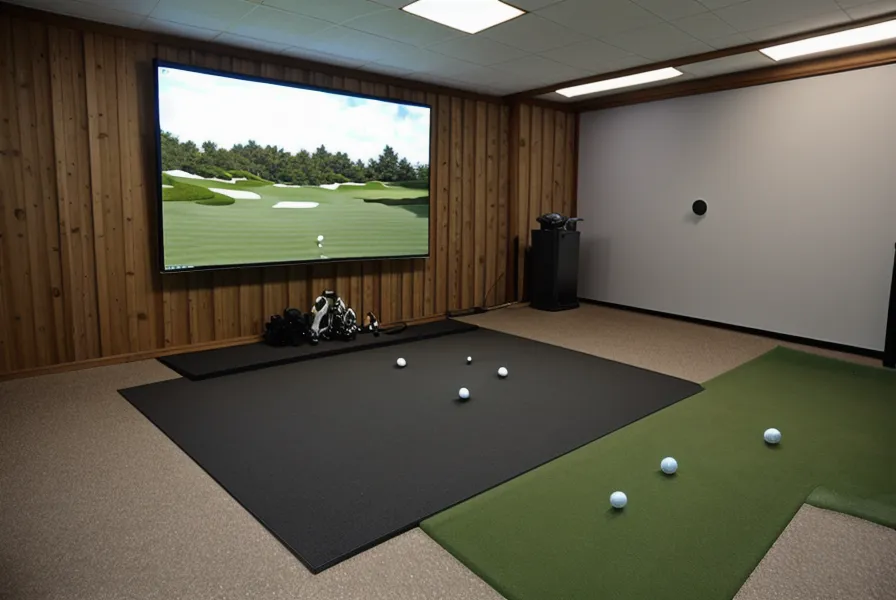 View of a golf simulator impact screen showing a virtual golf course in a garage.