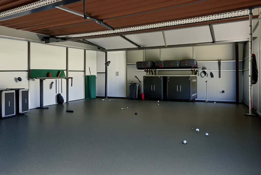 Garage golf simulator launch monitor setup with a SkyTrak ST MAX facing a hitting bay in a suburban Cincinnati two-car garage