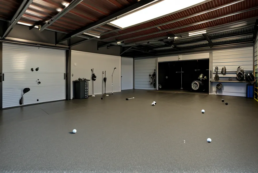 Indoor Golf Shop golf simulator enclosure and impact screen installed in a two-car garage bay