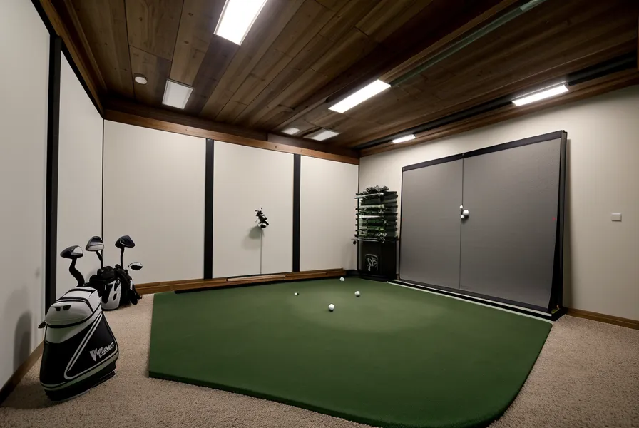 SWAG Golf milled stainless steel putter leaning against a golf bag inside a home golf simulator bay