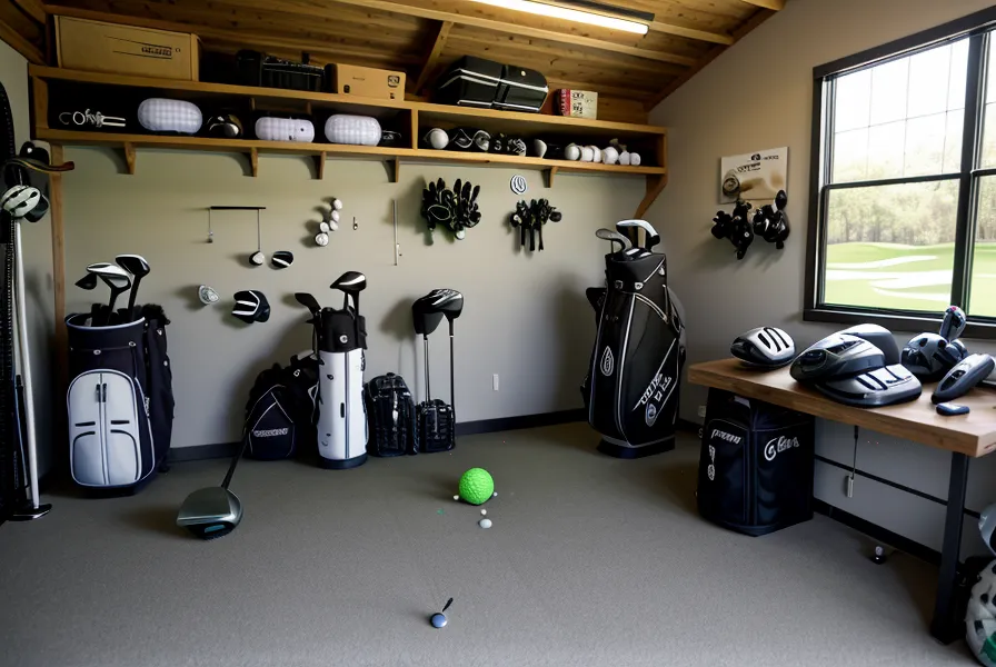 Bright LED shop lights installed on a garage ceiling above a golf simulator.