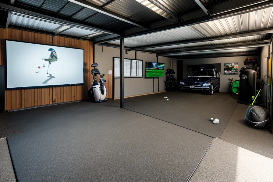 Garage golf simulator setup showing swing consistency between indoor launch monitor data and real course play