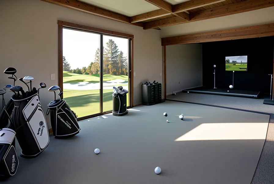 Close-up of a garage golf launch monitor beside a golf ball, tracking indoor swing consistency data