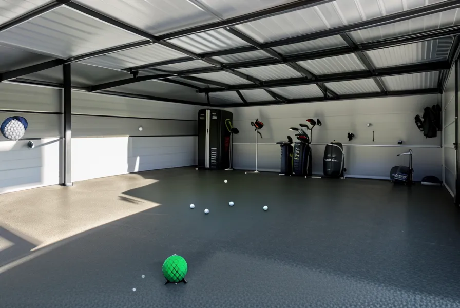 View from a garage golf hitting mat toward the bright simulator screen, illustrating indoor golf swing habits in a dark garage bay
