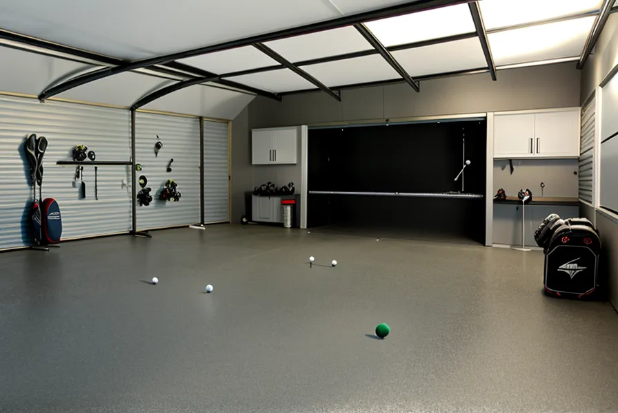 Two-car garage golf simulator build in suburban Cincinnati with a SkyTrak launch monitor set up after knee surgery