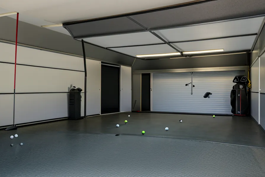 Close-up of a SkyTrak photometric launch monitor positioned on a garage hitting mat before a swing