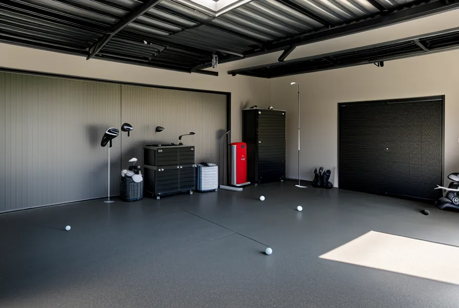 SkyTrak launch monitor on the garage floor, the centerpiece of a SkyTrak setup for indoor golf