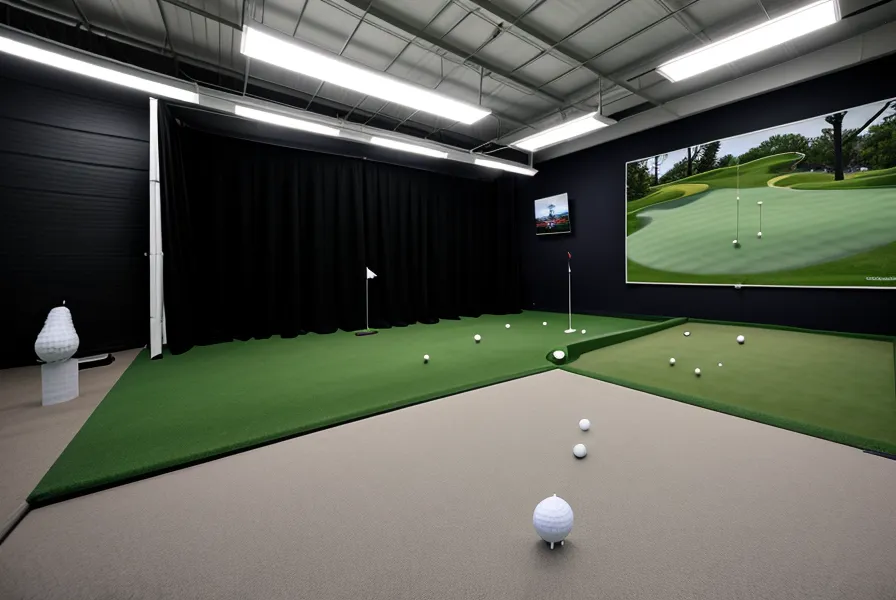 SkyTrak launch monitor setup on a golf hitting mat inside a suburban garage.
