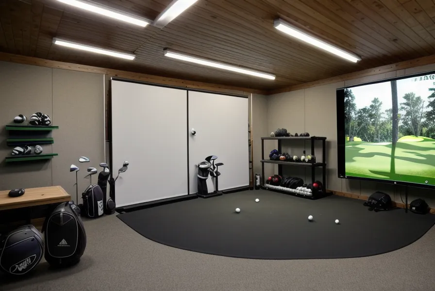 A short-throw projector mounted to a garage ceiling for a golf simulator.