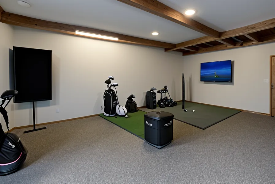 View from the hitting mat showing an off-center projector placement in a garage sim.