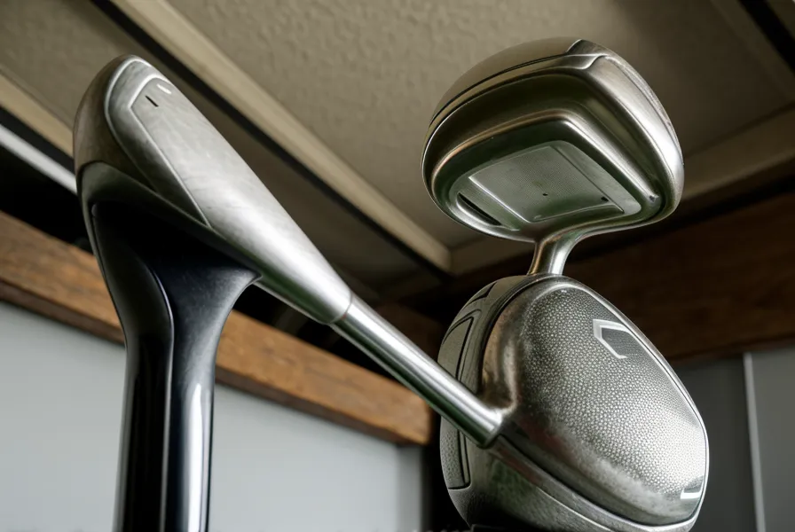 Close-up of a golf driver head near a metal garage door track showing limited ceiling space.